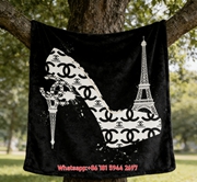 Parisian Chic Chanel Monogram High Heel & Eiffel Tower Flannel Sofa Throw Blanket IMG_6978